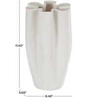 White Ceramic Abstract Ribbed Dimensional Folded Vase with Floral Shaped Rim