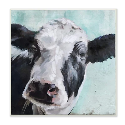 Stupell Industries Gentle Farm Cow Painting on Blue Wall Plaque