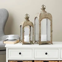Brown Distressed Arched Panel Candle Lantern Set