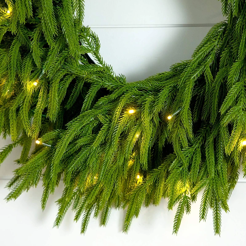 20in. Pre-Lit Artificial Real Touch Norfolk Island Pine Wreath with 35 Warm White LED Lights and Natural Look