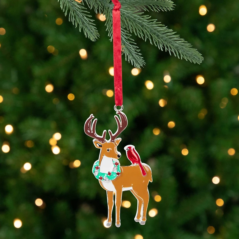 Reindeer with Cardinal and Wreath Christmas Ornament - 4"