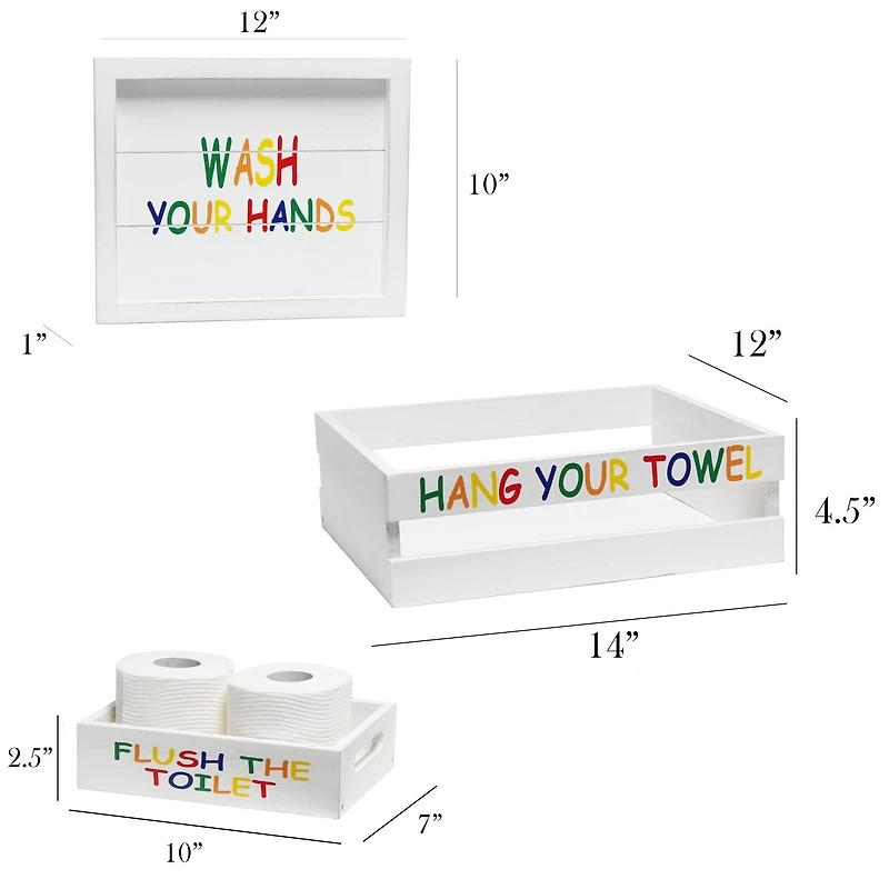 Elegant Designs Small White Wash Kids Towel Holder, Frame & Toilet Paper Holder Set