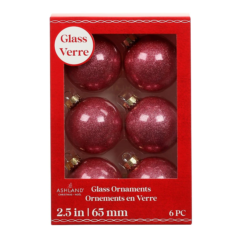 6 Pack 2.5" Dark Pink Glitter Glass Ball Ornaments by Ashland®