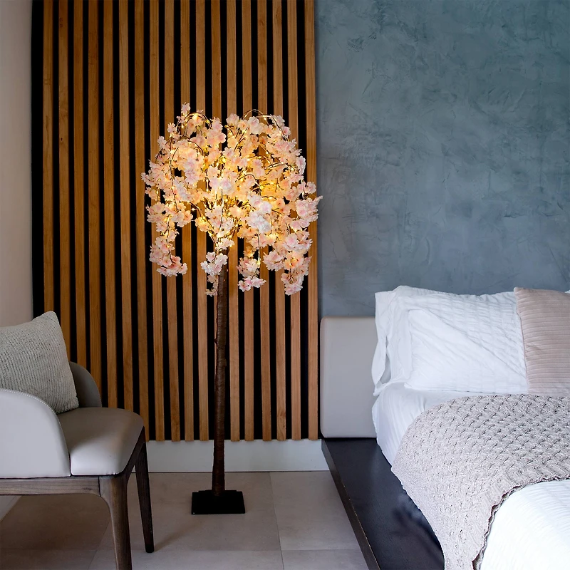 5ft. Pre-Lit Blossoming Pink Artificial Cascading Cherry Tree with Warm White LED Lights