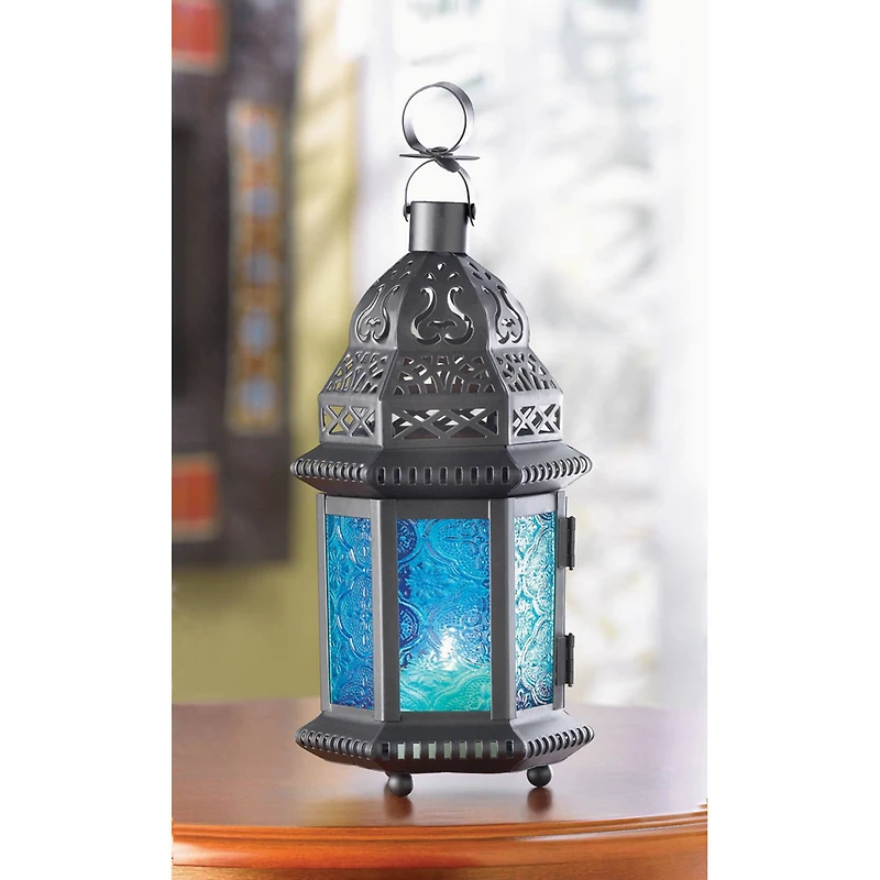 10" Black Moroccan Style Hanging Candle Lantern with Etched Blue Glass