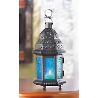 10" Black Moroccan Style Hanging Candle Lantern with Etched Blue Glass