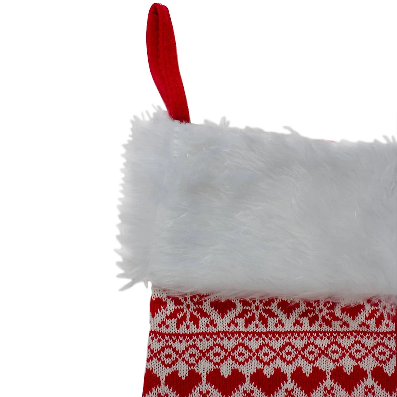 19" Red & White Hearts with Snowflakes Knit Christmas Stocking Faux Fur Cuff