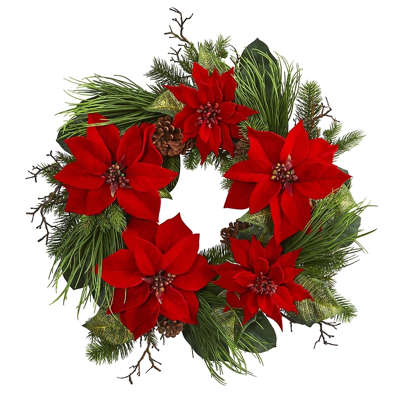 28" Poinsettia & Pine Wreath