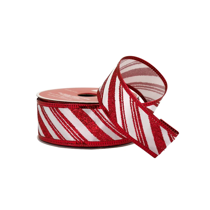 1.5" x 30ft. White & Red Glitter Diagonal Stripes Wired Ribbon by Celebrate It®