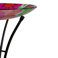 18'' Red and Blue Summer Flowers Hand Painted Glass Birdbath
