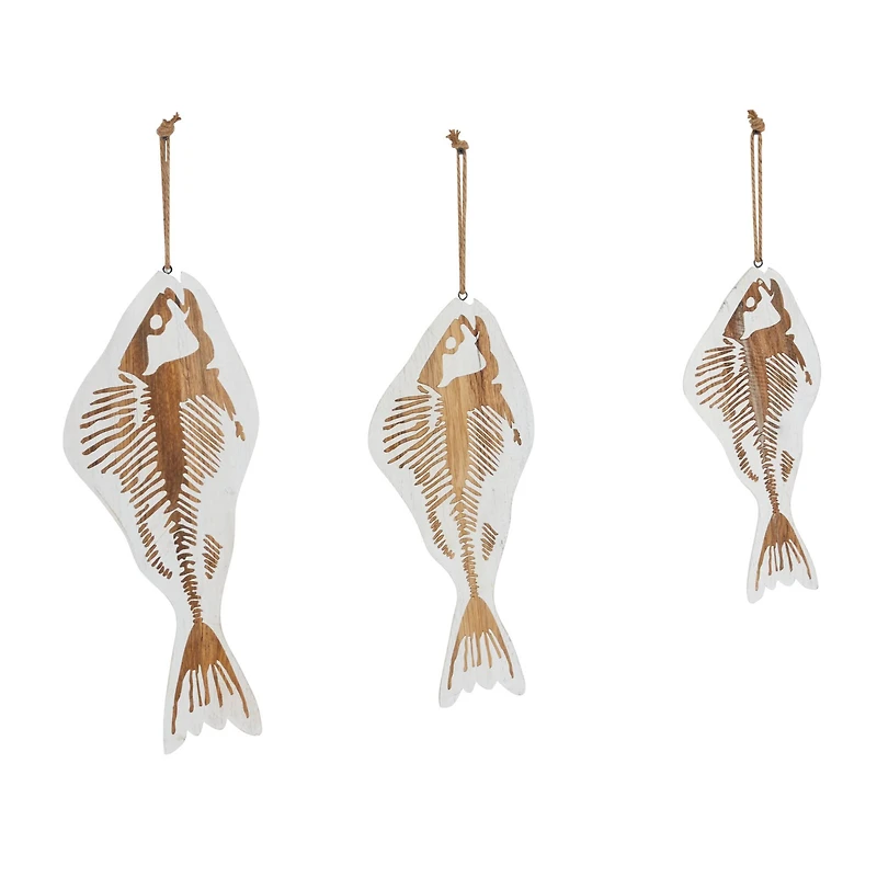Set of 3 White Wood Coastal Fish Wall Decor, 22", 26", 30"
