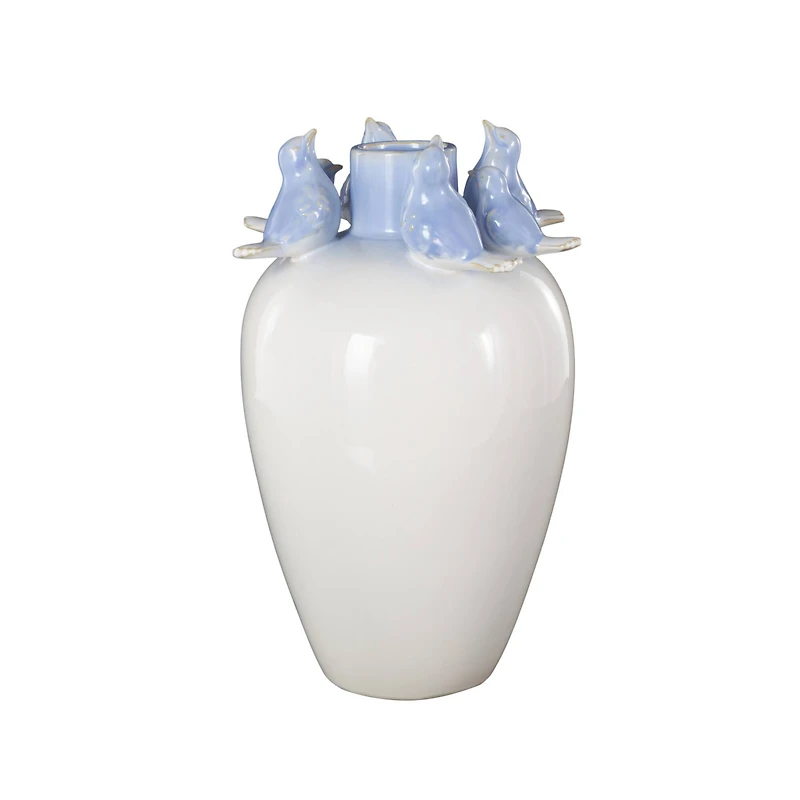13" White Ceramic Bird Decorative Vase with Blue Accents