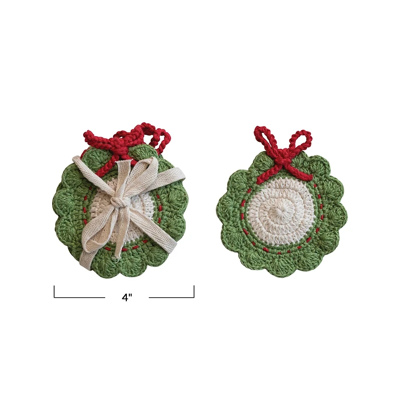 Hello Honey® 4" Green, Red & White Wreath Crocheted Cotton Coasters, 4ct.