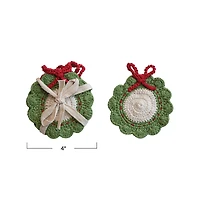Hello Honey® 4" Green, Red & White Wreath Crocheted Cotton Coasters, 4ct.