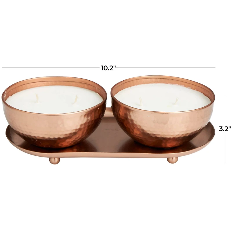 White Wax Tropical Breeze Scented Candle with Copper Hammered Container and Oval Holding Tray