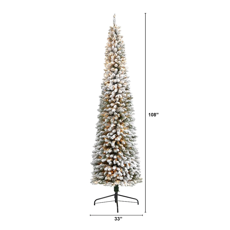 9ft. Pre-Lit Flocked Pencil Artificial Christmas Tree with Clear LED Lights