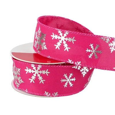 1.5" x 30ft. Hot Pink & Silver Snowflakes Wired Ribbon by Celebrate It®