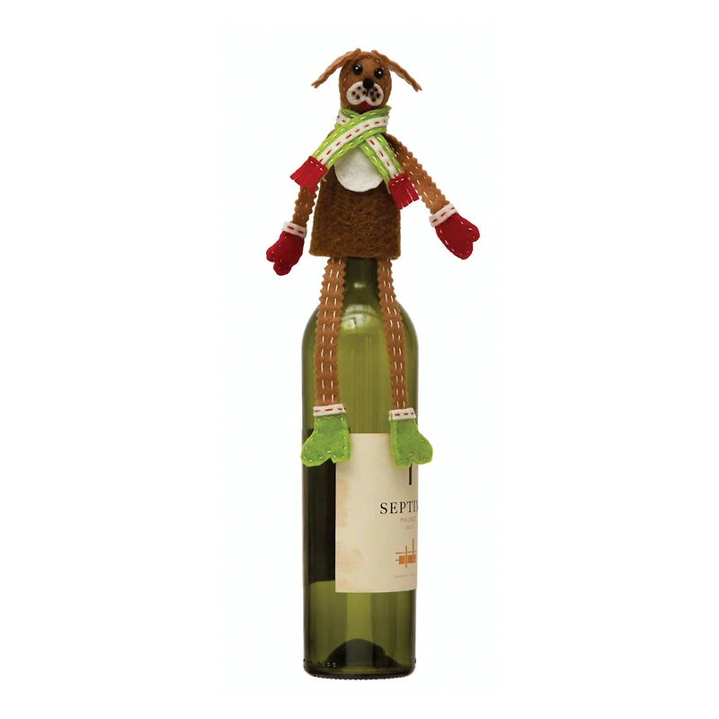 Hello Honey® 10" Handmade Fabric & Wool Felt Dog in Scarf Bottle Topper with Embroidery & Applique
