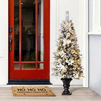 5ft. Pre-Lit Flocked Pine Artificial Christmas Tree in Planter, Warm White LED Lights