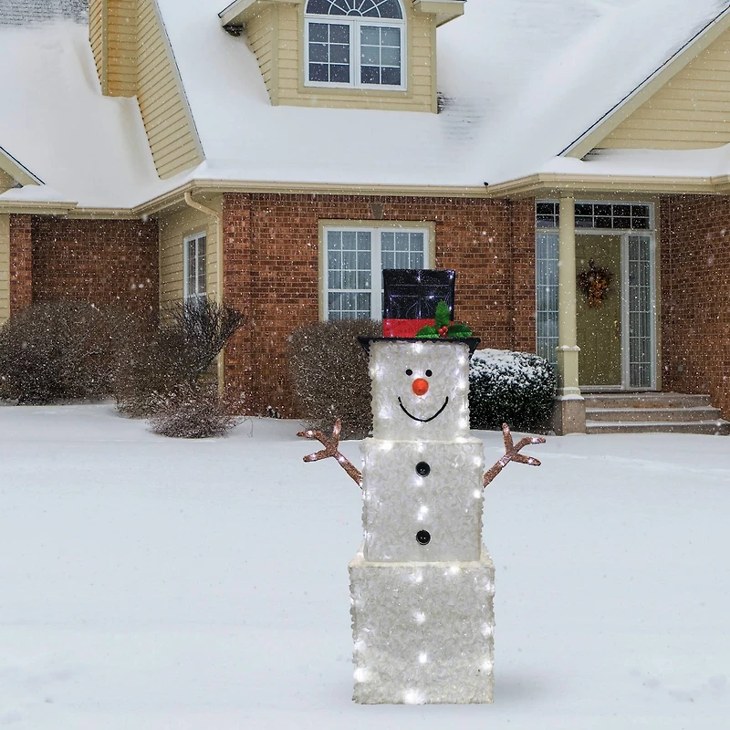 42" Glitter Square Snowman, White LED Lights