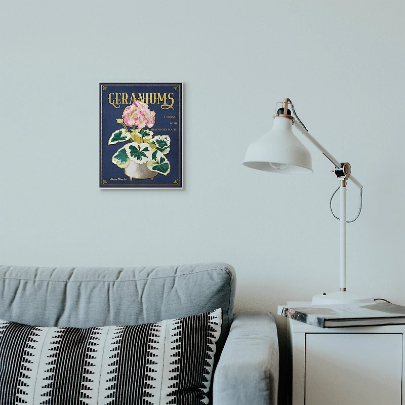 Stupell Industries Geraniums Blue Gold Flower Word Design Wall Plaque