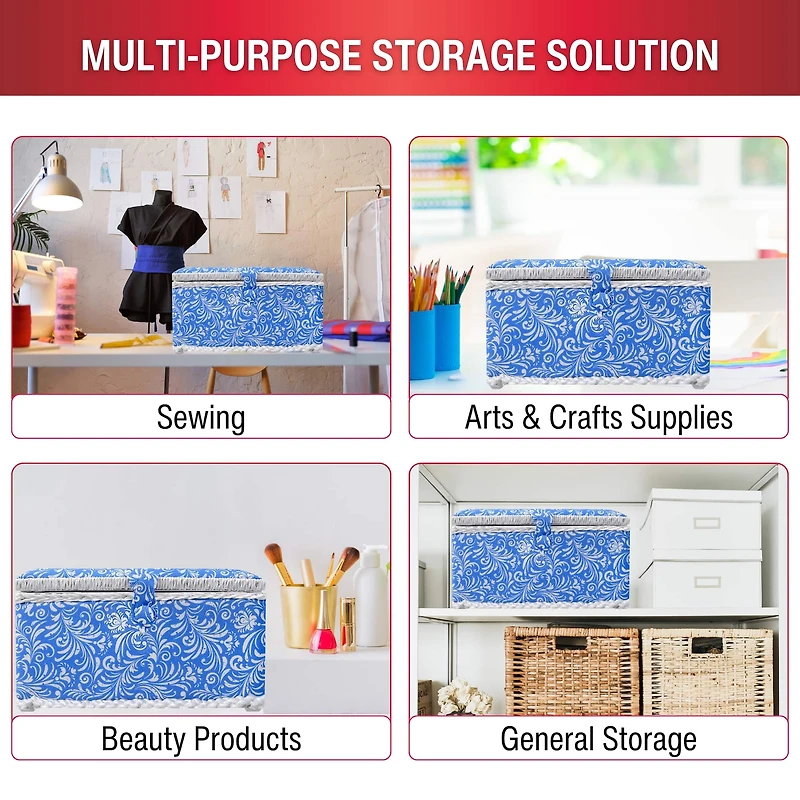 SINGER® Large Blue Deliah Scroll Print Sewing Basket with Sewing Scissors & Notions