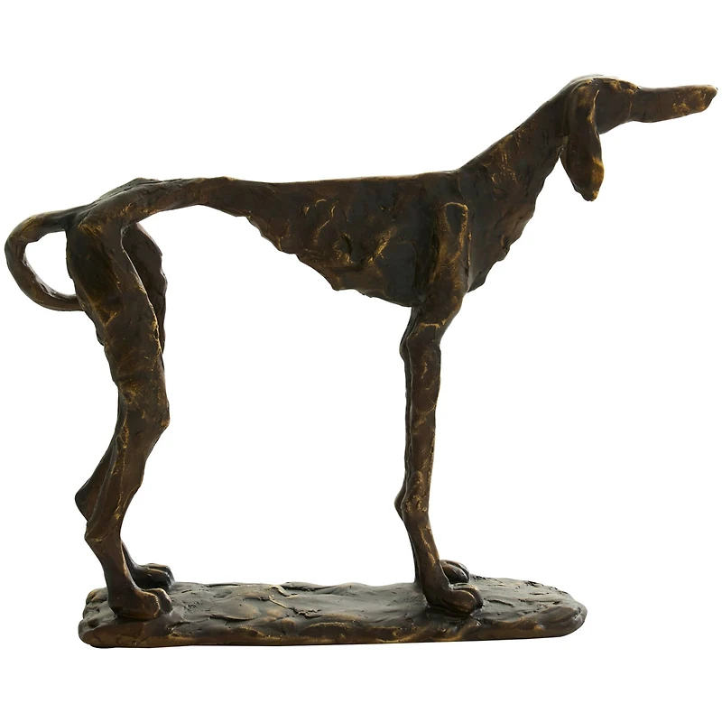 14" Bronze Polystone Distressed Slim Frame Dog Sculpture with Gold Accents