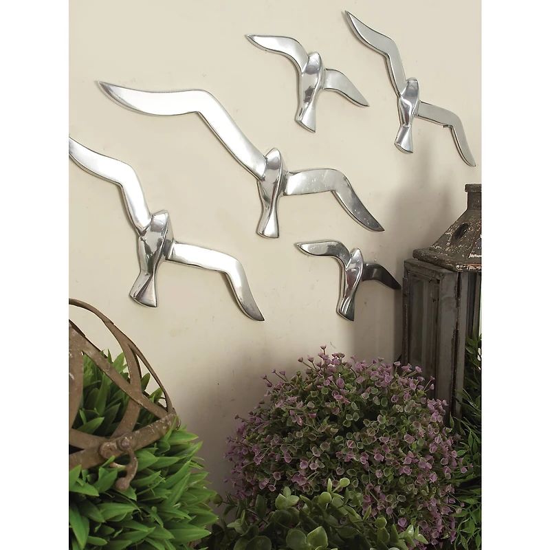 Set of 7 Silver Aluminum Coastal Birds Wall Decor, 16" x 4"