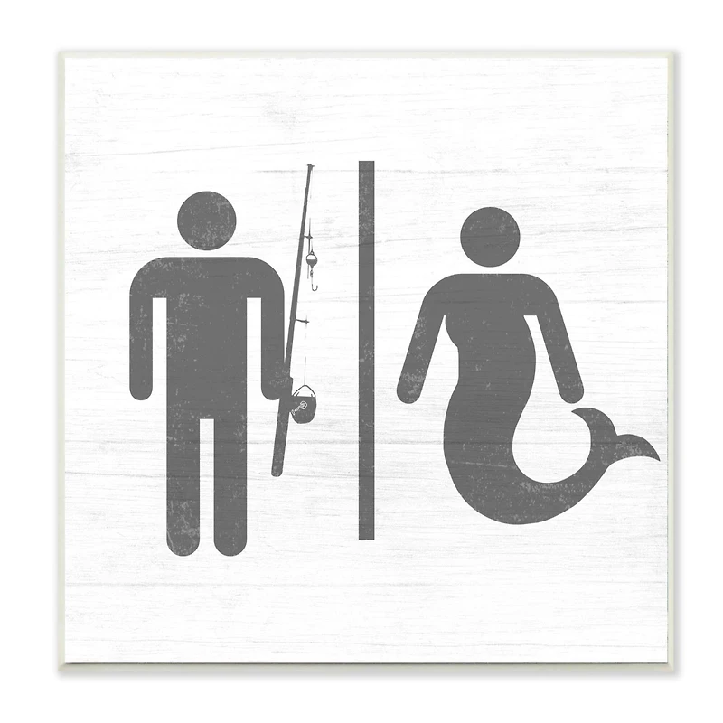Stupell Industries Rustic Fisherman or Mermaid Bathroom Sign Grey White Wood Wall Plaque