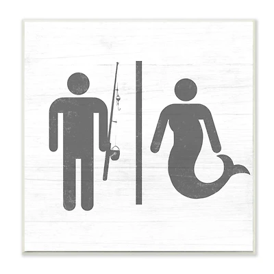 Stupell Industries Rustic Fisherman or Mermaid Bathroom Sign Grey White Wood Wall Plaque