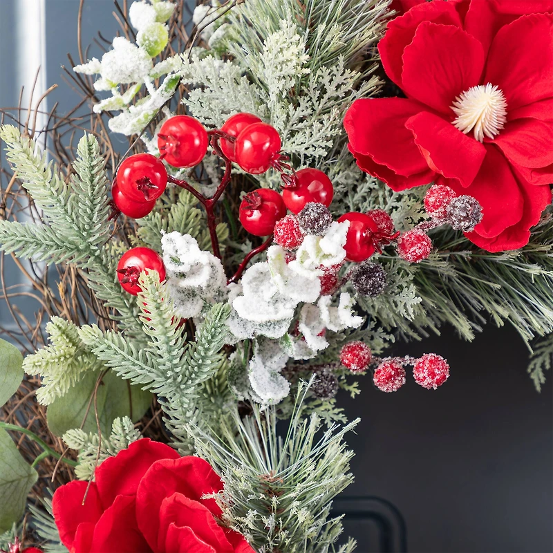 Glitzhome® 24"D Christmas Red Mangnolia & Berry Wreath