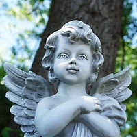 28.75" Gray Standing Cherub Angel on Pedestal Outdoor Statue