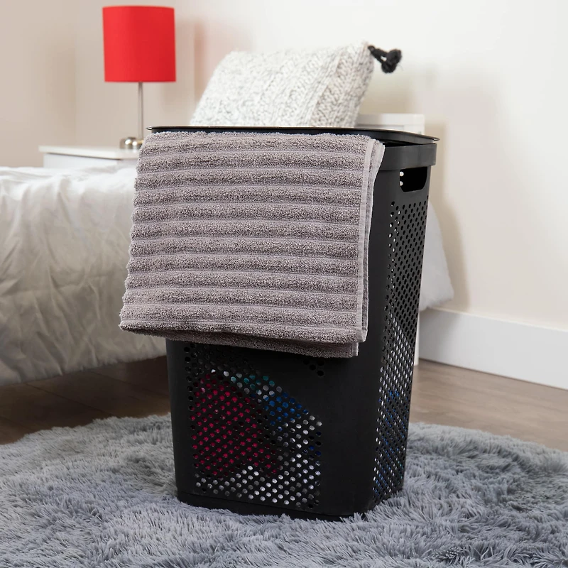 Mind Reader 60L Black Ventilated Slim Laundry Hamper with Cut Out Handles & Hinged Lid