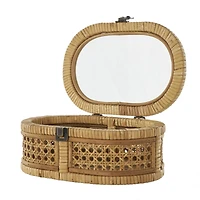 Brown Oval Rattan Storage Box Set with Pane Panels & Glass Tops