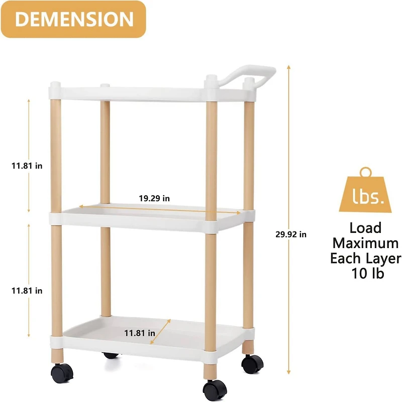 White Utility Cart 3-Tier Kitchen Rolling Organizer