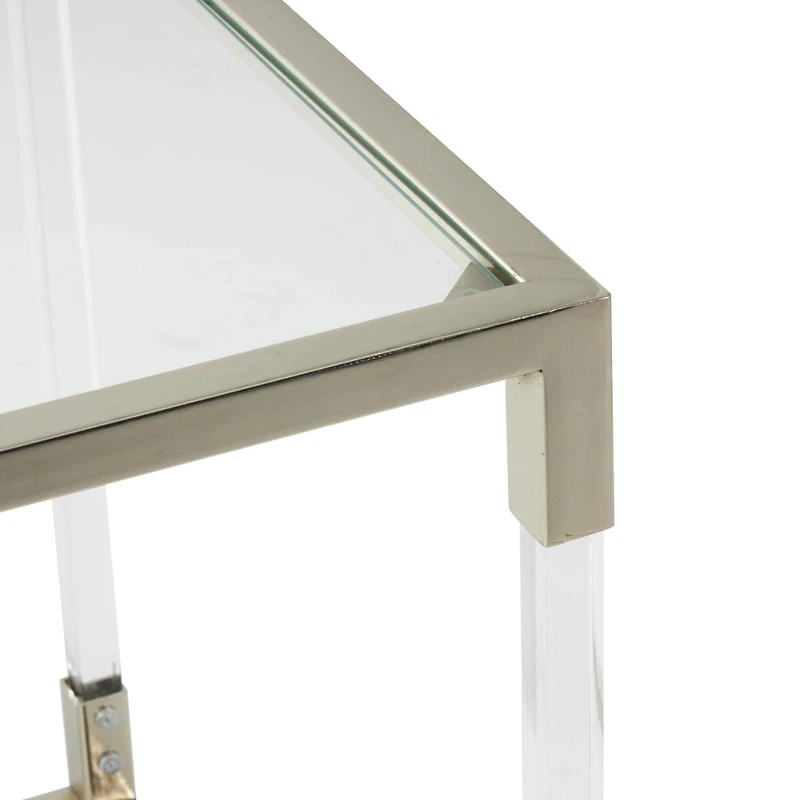 20.25" Silver Metal Floral Cube Shaped Accent Table with Clear Glass Top