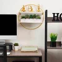 Mind Reader Floating Round Wall Shelves, Gold Metal Frame with Dual White Display Shelves, White