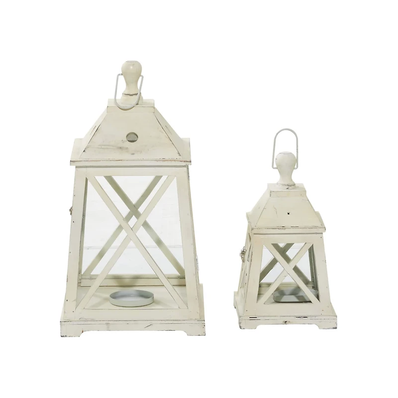 Set of 2" White Wood Coastal Lantern, 19", 12"
