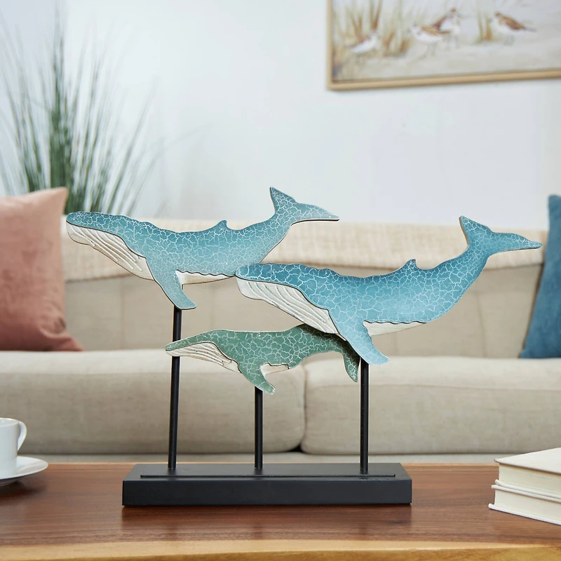 20" Blue Wooden Whale Textured Sculpture with Black Metal Stand