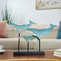 20" Blue Wooden Whale Textured Sculpture with Black Metal Stand