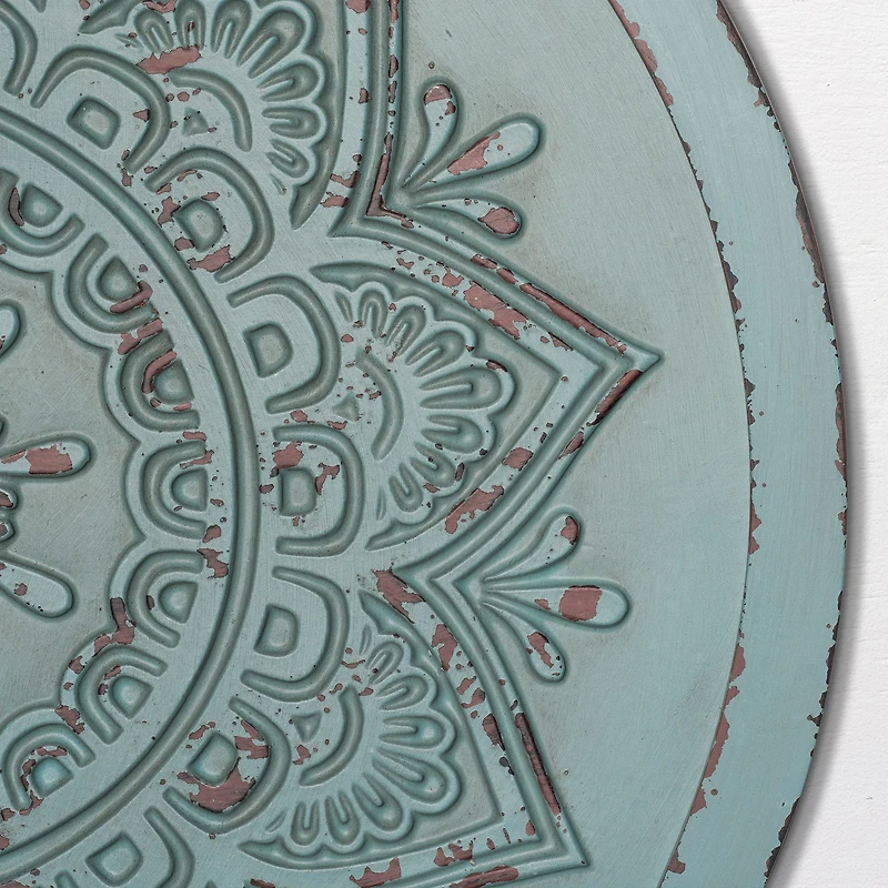 American Art Decor™ 17" Distressed Turquoise Boho Rustic Farmhouse Wood Framed Wall Medallion