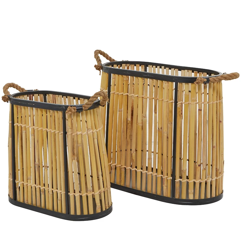 The Novogratz Brown Wicker Handmade Slatted Frame Storage Basket with Handles Set of 2 19", 14"