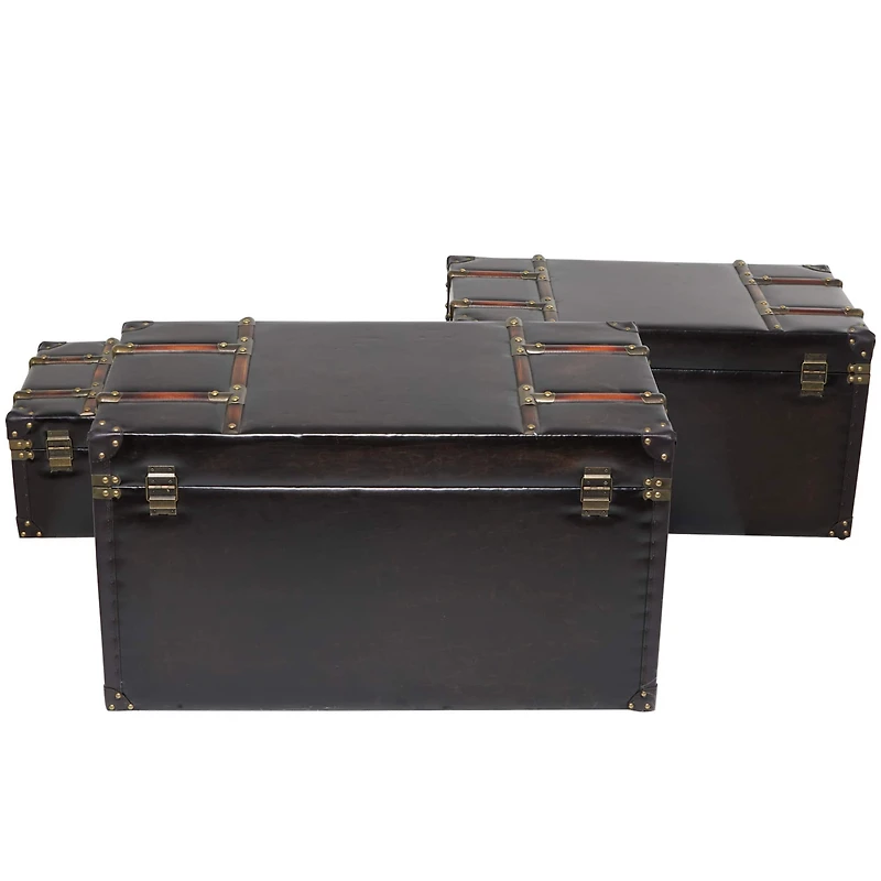 Dark Brown Faux Leather Studded Trunk with Latches & Handles Set