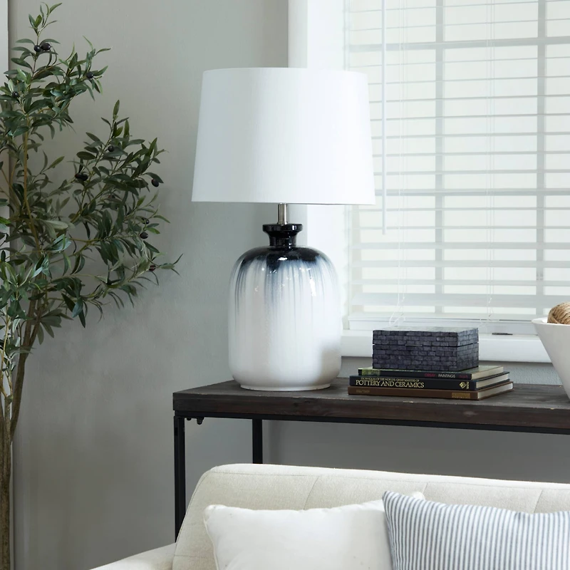 White Glass Gourd Style Base Table Lamp with Drum Shade 17" x 17" x 29"