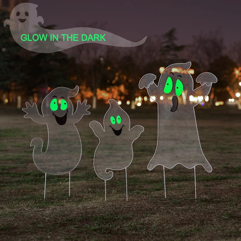 Glitzhome® 3.3ft. Halloween Metal Mesh Glow in Dark Ghost Family Yard Stake Set