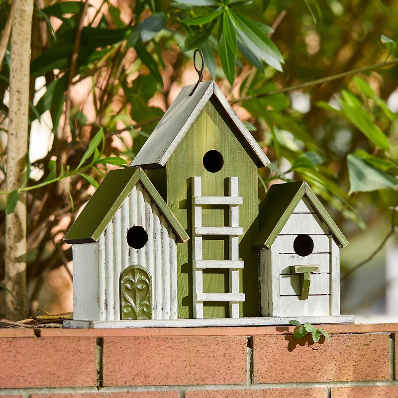 Glitzhome® 14.75" Distressed Wood Villa Birdhouse with 3D Ladder