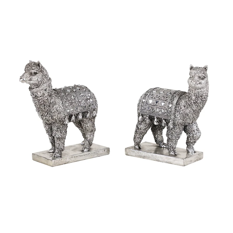 Set of 2 Silver Resin Eclectic Llama Sculpture, 10", 9"