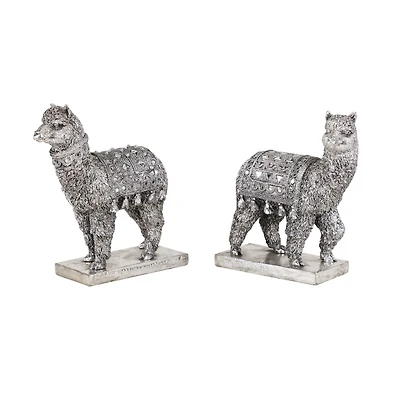 Set of 2 Silver Resin Eclectic Llama Sculpture, 10", 9"