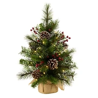 2ft. Pre-Lit Iced Berry Pine Burlap Artificial Tree in Burlap Sack, Warm White LED Lights