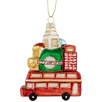 Merry Christmas Double Decker Tour Bus Glass Ornament - 4.5" - Gold and Red